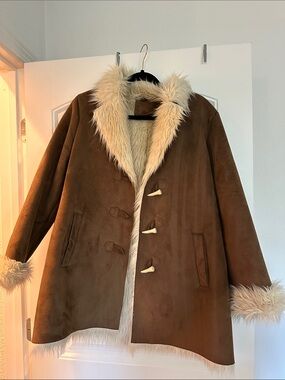 Brown Faux Suede Coat with Cream Faux Fur Trim Penny lane size large?